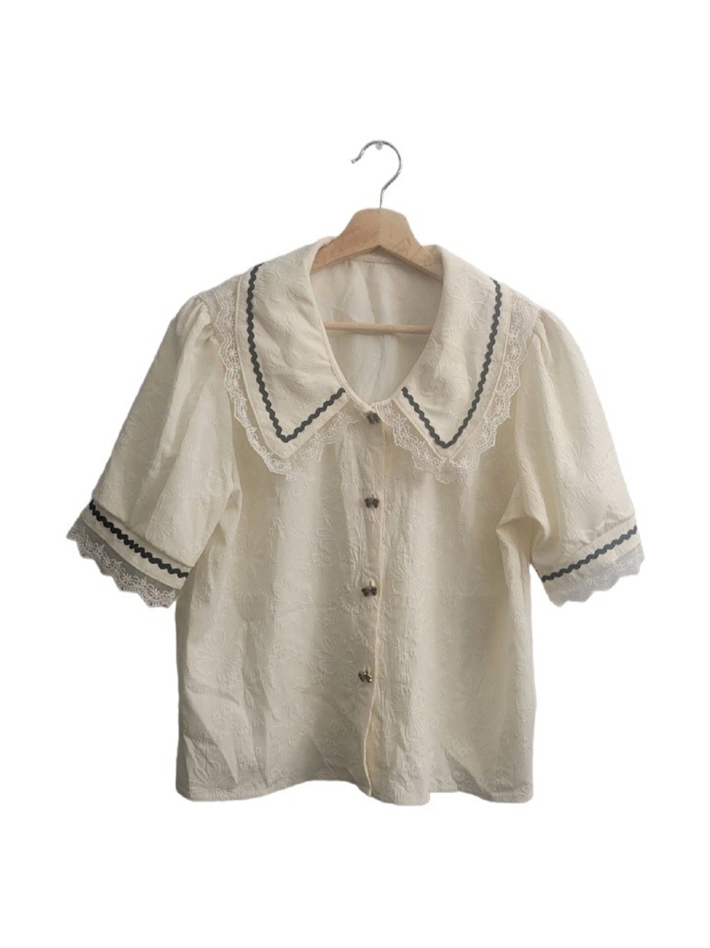 JACQUARD Peter Pan Collar Lace Trim Blouse Cream Floral Sz L Coquette